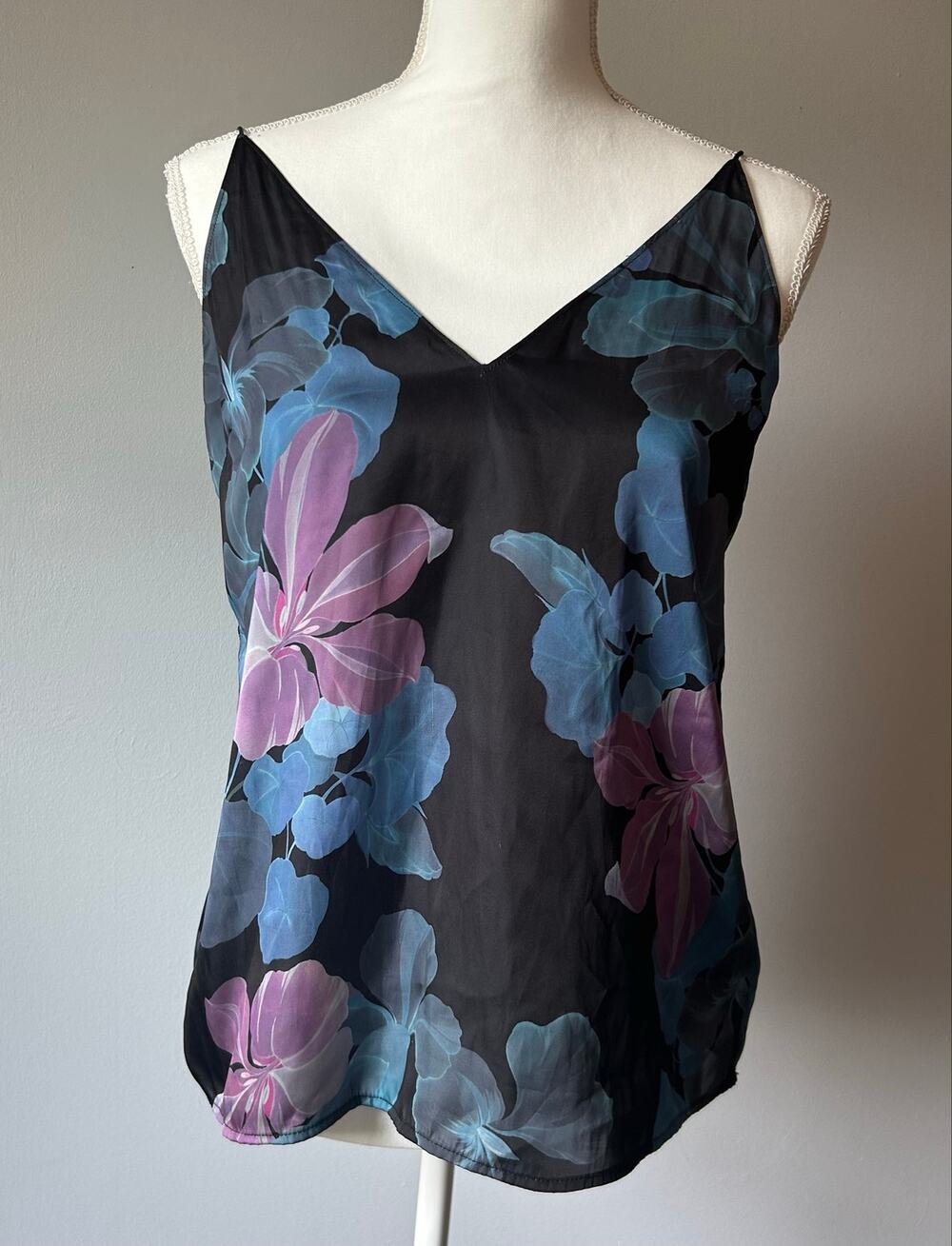 Paige Black and Blue Floral Tank Strappy Coastal Tank Flowy Size M